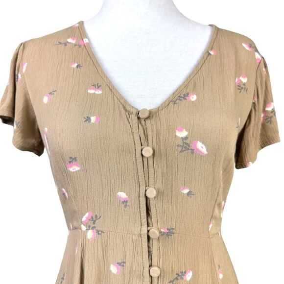 Amuse Society Yours to Keep Tan Light Brown Floral Crinkle Button Up Mini Dress - Picture 6 of 12